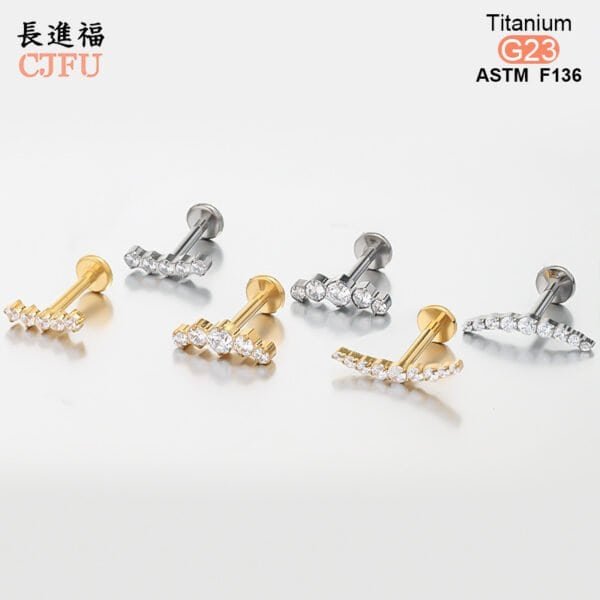ASTM F136 Titanium Gold PVD Labret with Clear CZ Wholesale - Internally Threaded Flat Back Stud - Hypoallergenic Helix Piercing Jewelry Factory