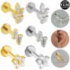 G23 Titanium Labret Stud — Small Flower & Leaf Design with Zircon Gemstone — Internally Threaded Lip, Ear, and Cartilage Piercing Jewelry