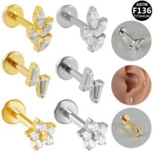 G23 Titanium Labret Stud — Small Flower & Leaf Design with Zircon Gemstone — Internally Threaded Lip, Ear, and Cartilage Piercing Jewelry