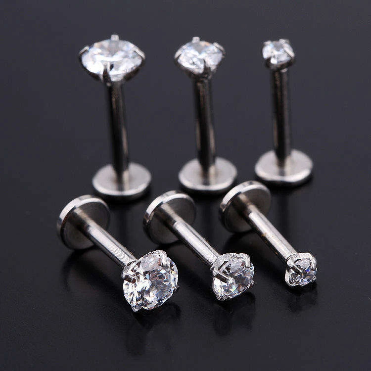Tongue Rings Stainless Steel Lip Stud Set Diamond White Zirconia Piercing Jewelry