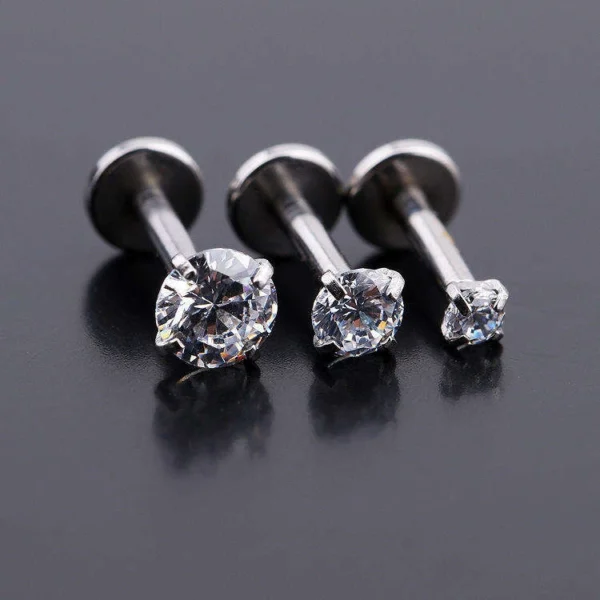 Tongue Rings Stainless Steel Lip Stud Set Diamond White Zirconia Piercing Jewelry