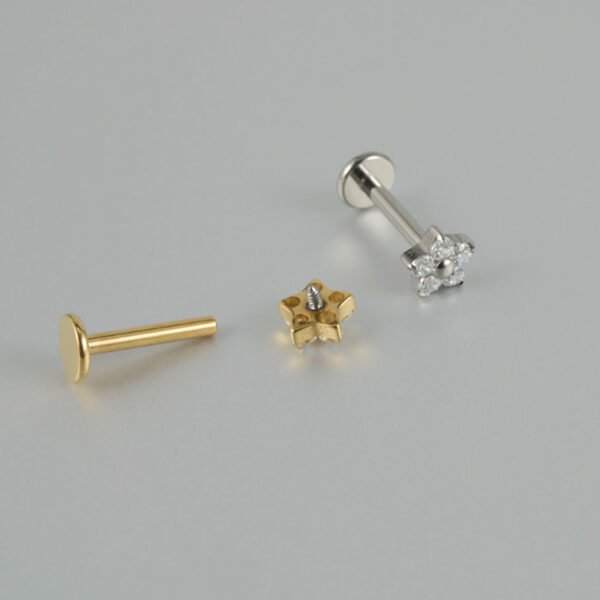 G23 Titanium Labret Stud — Small Flower & Leaf Design with Zircon Gemstone — Internally Threaded Lip, Ear, and Cartilage Piercing Jewelry