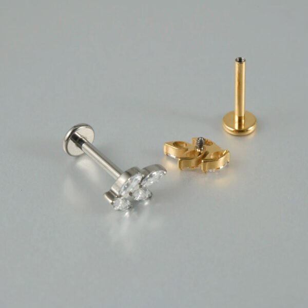 G23 Titanium Labret Stud — Small Flower & Leaf Design with Zircon Gemstone — Internally Threaded Lip, Ear, and Cartilage Piercing Jewelry