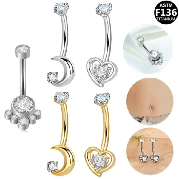 14G ASTM F136 Titanium Heart Moon Nose Rings Studs G23 Internal Thread Navel