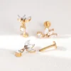 Titanium Internally Threaded Stud Earring Yellow Gold Engraved Lotus Marquise Zircon Flat Back Ear Stud