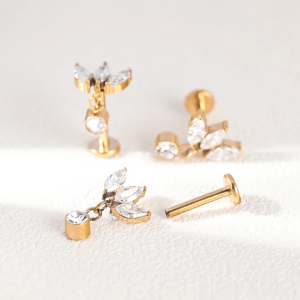 Titanium Internally Threaded Stud Earring Yellow Gold Engraved Lotus Marquise Zircon Flat Back Ear Stud
