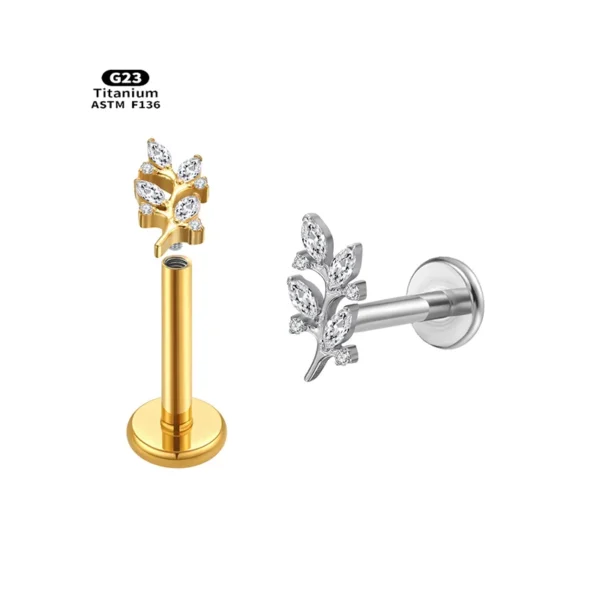 H073ec2760631404ebdad8f92c4312fc6H.webp F136 Titanium Labret Stud Leaf Shape Diamond Internally Threaded Flat Back Helix Piercing Jewelry