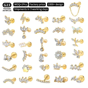Titanium Internally Threaded Stud Earring Yellow Gold Engraved Lotus Marquise Zircon Flat Back Ear Stud