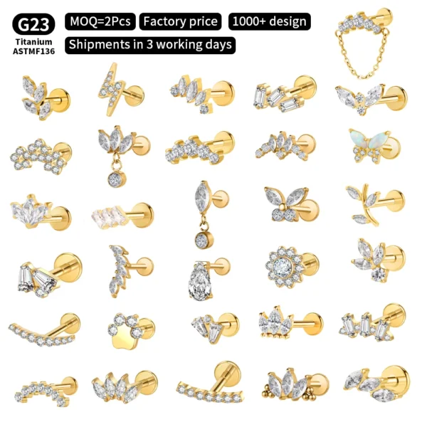 Titanium Internally Threaded Stud Earring Yellow Gold Engraved Lotus Marquise Zircon Flat Back Ear Stud