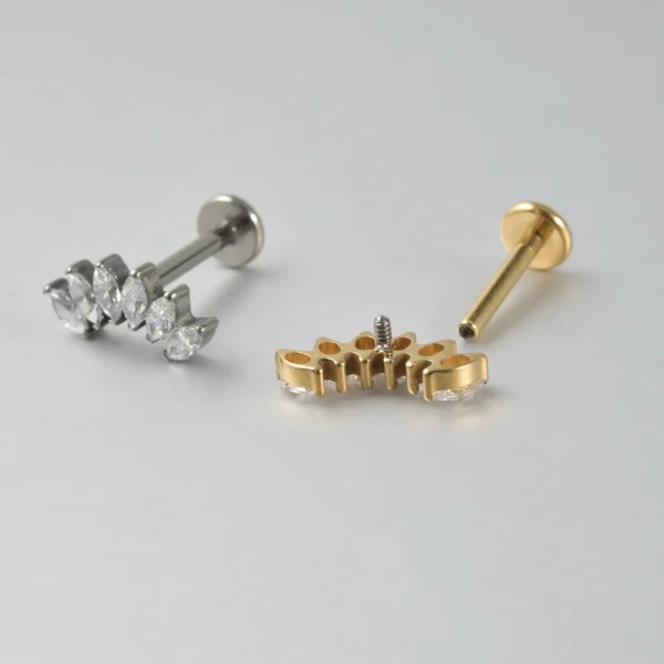H1dafa2bd7bd0447aa1510f43d34df2a64.webp Astm F136 Titanium Gold Pvd Sextet Clear Cz Internally Threaded Labret Helix Piercing Flat Back Stud Earring