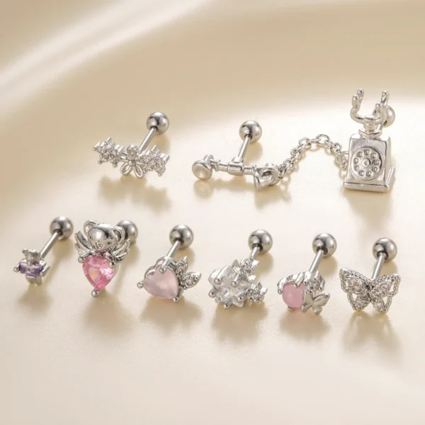 Colorful CZ Stainless Steel Helix Stud Screw Back Silver Gold Plated Butterfly Heart Ear Cartilage Tragus Conch Piercing Jewelry