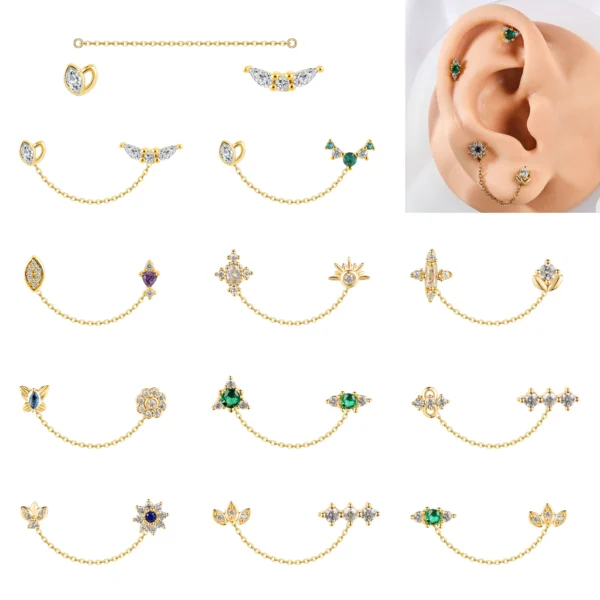 Garden Series 316 Stainless Steel Pvd Gold Plated Stud Earrings Double Stud Chain Earrings