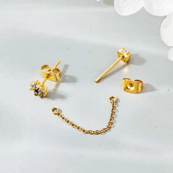 Garden Series 316 Stainless Steel Pvd Gold Plated Stud Earrings Double Stud Chain Earrings