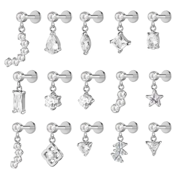 Wholesale Stainless Steel Labret Helix Piercing Jewelry Clear Cz Star Leaf Dangle Charms Flat Back Earring Stud
