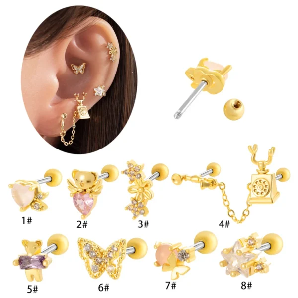 Colorful CZ Stainless Steel Helix Stud Screw Back Silver Gold Plated Butterfly Heart Ear Cartilage Tragus Conch Piercing Jewelry