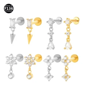 G23 F136 Titanium Drop Pear Zircon Labret Helix Piercing Hypoallergenic Nickel-Free Tassel Drop Earring Stud