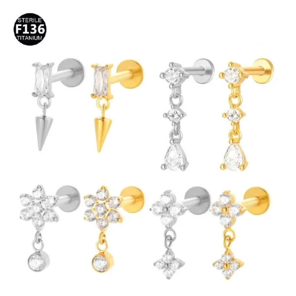 G23 F136 Titanium Drop Pear Zircon Labret Helix Piercing Hypoallergenic Nickel-Free Tassel Drop Earring Stud