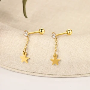 Stainless Steel Cartilage Stud Gold Cubic Pendant Dangling Star Barbell Ear Stud Piercing Jewelry