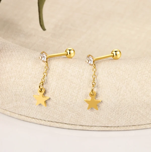 Stainless Steel Cartilage Stud Gold Cubic Pendant Dangling Star Barbell Ear Stud Piercing Jewelry