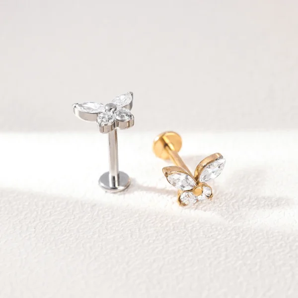 Titanium Internally Threaded Stud Earring Yellow Gold Engraved Lotus Marquise Zircon Flat Back Ear Stud