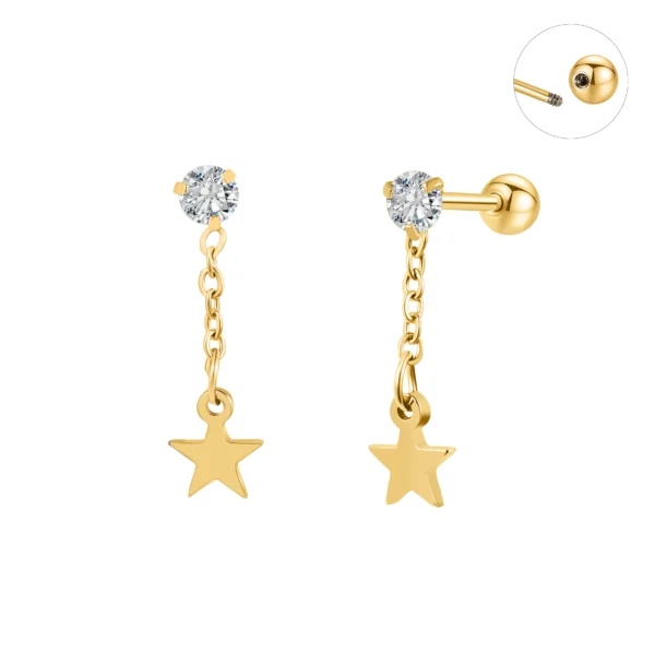 Stainless Steel Cartilage Stud Gold Cubic Pendant Dangling Star Barbell Ear Stud Piercing Jewelry
