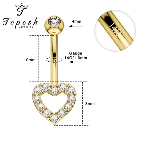 TOPOSH Eternal 14K Solid Gold Tear Zirconia Externally Threaded Belly Button Rings