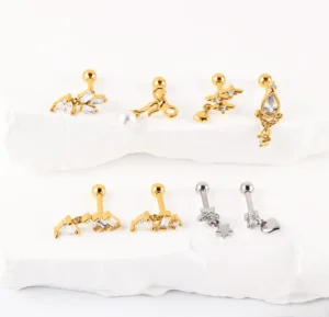 Cartilage Stud Silver18K Gold Plated Stainless Steel Bow Heart Dangle Charm Helix Piercing Jewelry