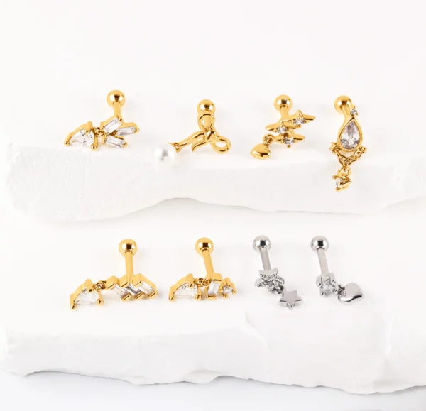 Hc18591242d4e466193f9821c8e0471b3u.webp Cartilage Stud Silver18K Gold Plated Stainless Steel Bow Heart Dangle Charm Helix Piercing Jewelry