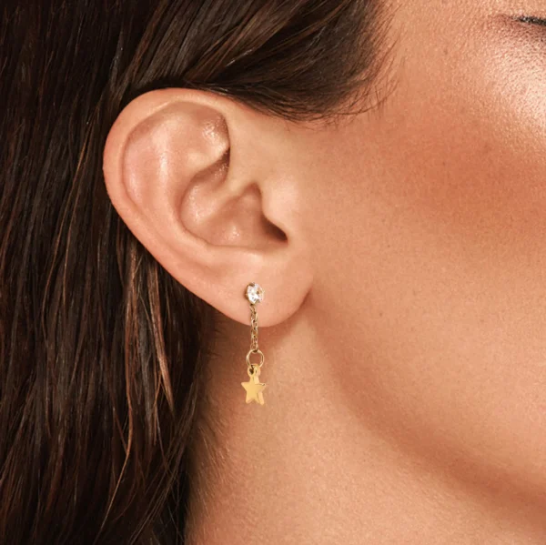 Stainless Steel Cartilage Stud Gold Cubic Pendant Dangling Star Barbell Ear Stud Piercing Jewelry